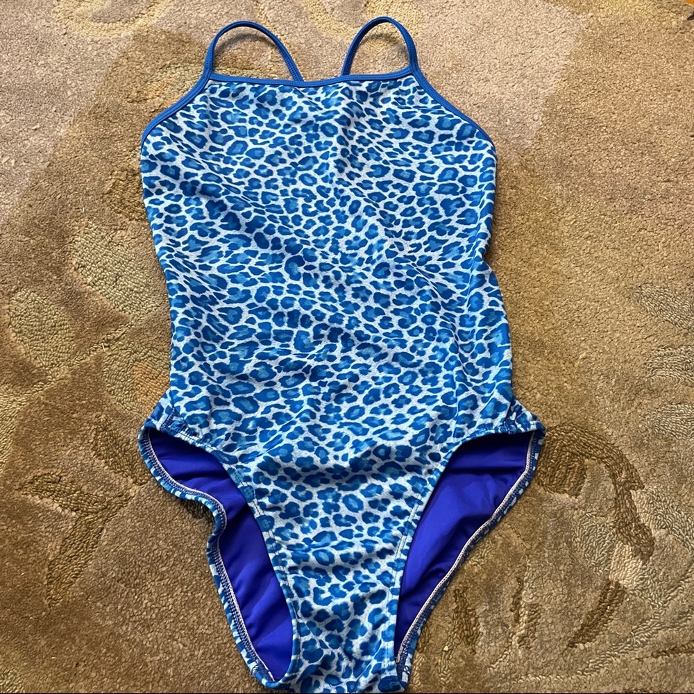 Splish - one piece bathing suit swim blue leopard print open back size 32 90’s